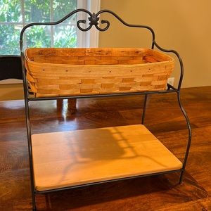 Longaberger Wrought Iron Small Baker's Rack w woodcraft shelf and bread basket.